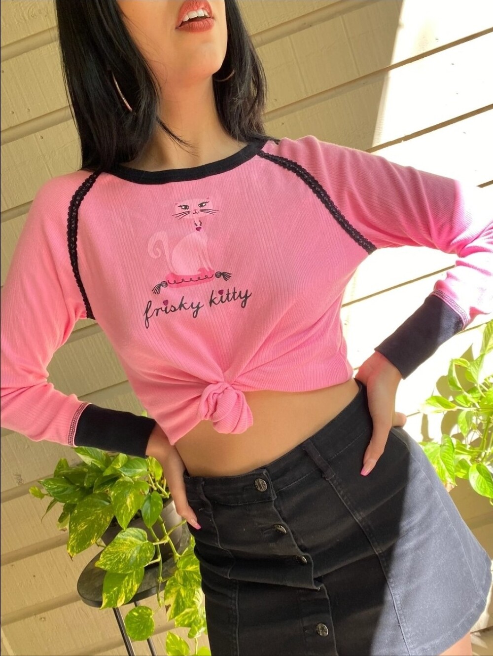 Pink Ribbed Long-Sleeve Crop Top with Black Trim